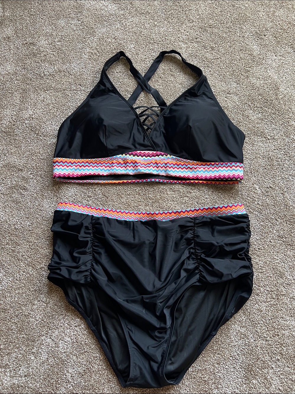 Black High-Waist Swim Top and Bottom Set with Multicolor Zigzag Trim